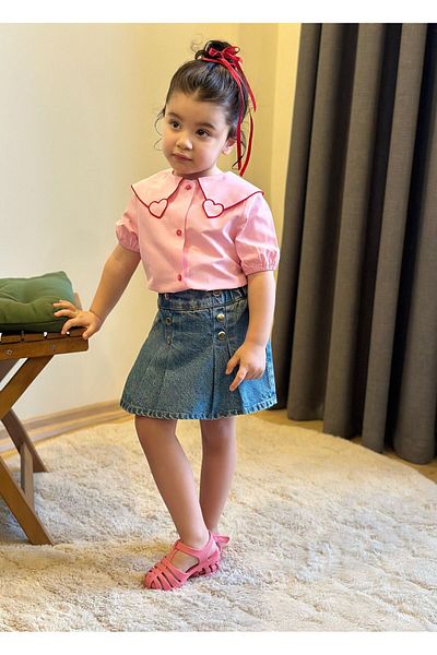 JOYBOY KİDS 2-Piece Girl's Set with Heart Denim Shorts and Skirt