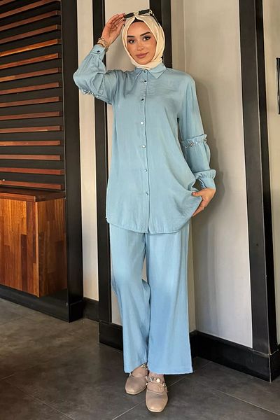 julude Light Blue Stone Detailed Tunic Trousers Hijab Double Set