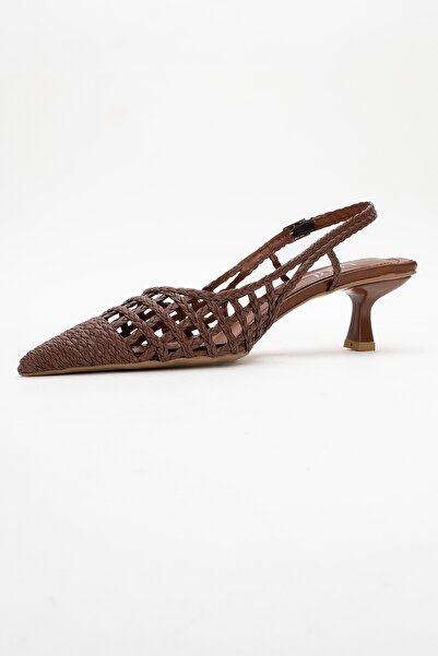 LuviShoes HEAVEN Koyu Taba Örme Arkası Açık Kadın Kısa Topuklu Ayakkabı