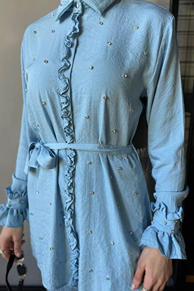 julude Light Blue Hijab Waist Belted Stone Tunic Trousers Double Set