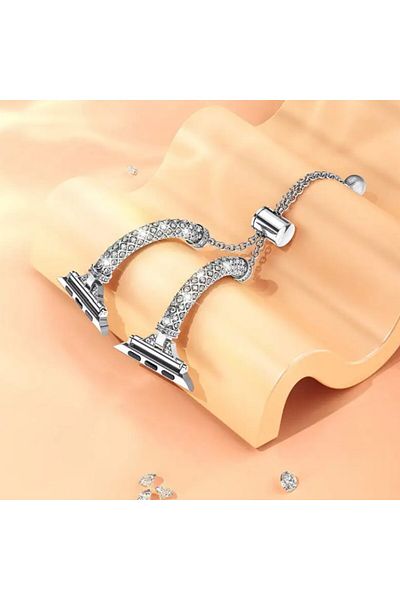 REDz Accessories Curea metalică pentru Apple Watch, model cu lanț și zirconiu, oțel inoxidabil argintiu - 38/40/41 mm