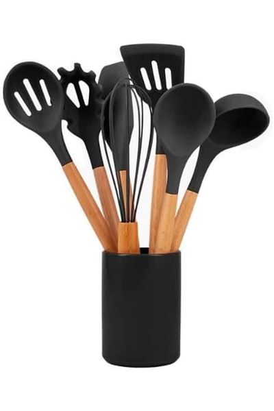 COOYA 11-piece silicone kitchen utensil set,food-grade material,durable,with hook and storage cup,black