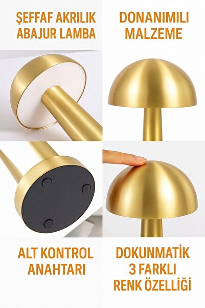 SIQI Mantar Masa Lambası Gold Renk Kablosuz Ledli 3renk Dokunmatik Şarjlı