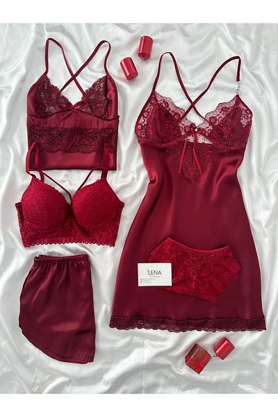 Lena Homewears Women's 5-Piece Satin Nightgown Bra Shorts Dowry Set