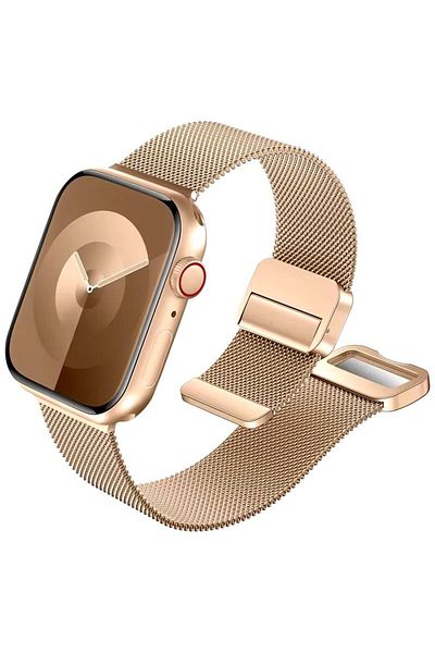 REDz Accessories Milanese Fabric Strap, Magnetic, For Apple Watch, Double Clasp, Metallic, Rose Gold - 38/40/41 Mm
