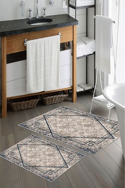 nova century Covoraș de baie lavabil din 2 piese cu bază anti-alunecare - Nova Bath Patterned 60*100 Cm - 50*60 Cm