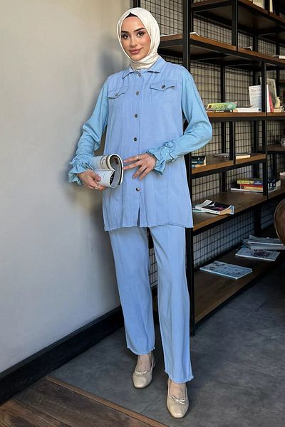 julude Light Blue Hijab Gabardine Vest Trousers Double Set