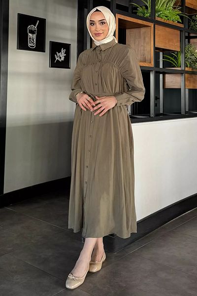 julude Χακί Roba Μακρύ Κορδόνι Κουμπωτό Φόρεμα Hijab