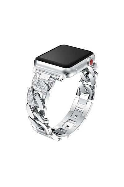 REDz Accessories Curea pentru Apple Watch Look, oțel inoxidabil, lanț/zale cu cristale, argintiu - 44/45/46/49 mm
