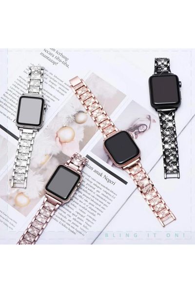 REDz Accessories Curea metalică pentru Apple Watch, model cu zale/zirconiu, oțel inoxidabil, neagră - 44/45/46/49 mm
