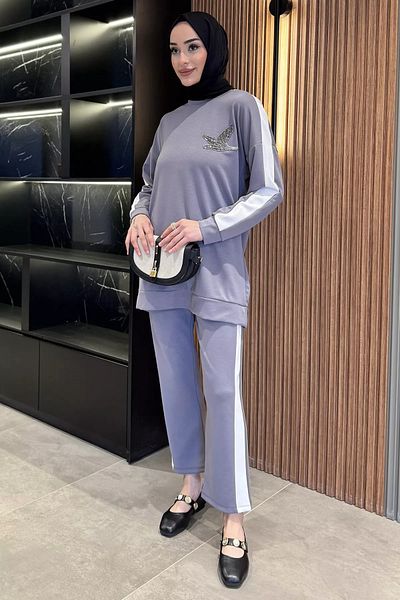 julude Γκρι Plus Size Χρώμα Γαρνιρισμένο Πέτρινο Κεντημένο Παντελόνι Hijab Σετ δύο τεμαχίων