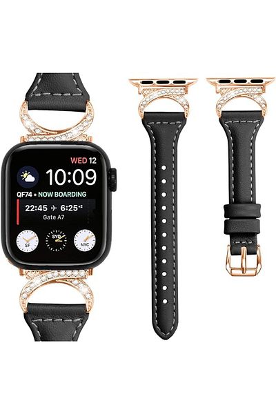 REDz Accessories Fashion Model Strap, Apple Watch, Rhinestones, Metal Clasp, Black - 44/45/46/49 Mm