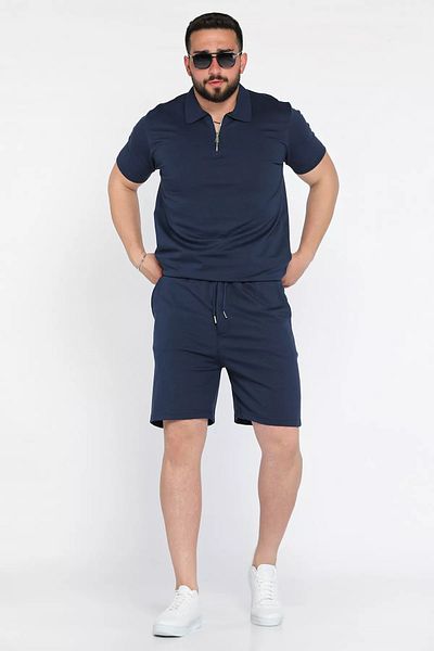 MİSHAR İTALİA Navy Blue Polo Neck Half Zipper T-Shirt Shorts Men's Two Piece Set