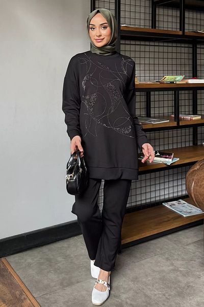 julude Μαύρο Plus Size Crew Neck Stone Hijab Παντελόνι Σετ δύο τεμαχίων