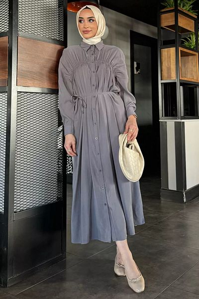 julude Γκρι Roba Μακρύ Κορδόνι Κουμπωτό Φόρεμα Hijab