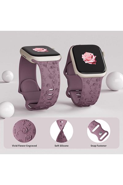 REDz Accessories Roses Strap, Engraved Silicone, For Apple Watch, Floral Details, Adjustable, Purple - 44/45/46/49 Mm