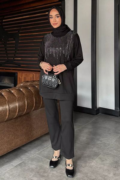 julude Μαύρο Plus Size Stone Hijab Παντελόνι Σετ δύο τεμαχίων
