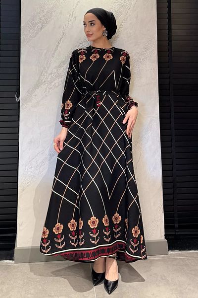julude Μαύρο γυναικείο φόρεμα μεγάλου μεγέθους με μοτίβο με ζώνη μέσης Hijab Viscose
