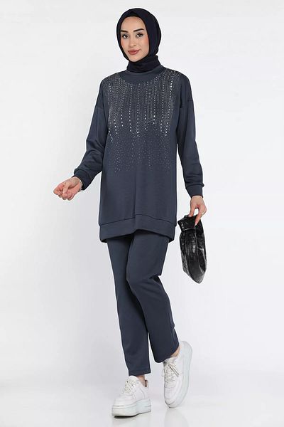 julude Σκούρο Indigo Plus Size Stone Hijab Παντελόνι Σετ δύο τεμαχίων