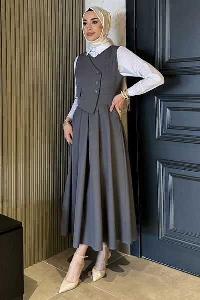 julude Γυναικείο φόρεμα Anthracite με λεπτομέρεια πλισέ Hijab Gilet