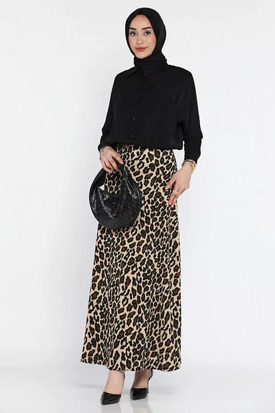 julude Beige Women's Leopard Patterned Hijab Wrapped Kiloş Skirt