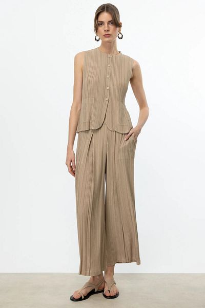 Ekol Accordion Fabric Wide Leg Trousers Camel