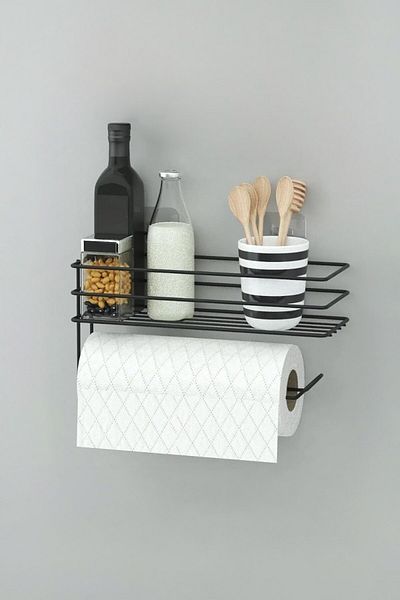 Sas Haus Paper Roll Towel Holder with Adhesive Shelf Napkin Holder Solo Tissue Holder Bathroom Kitchen Organizer Rack Black Shr