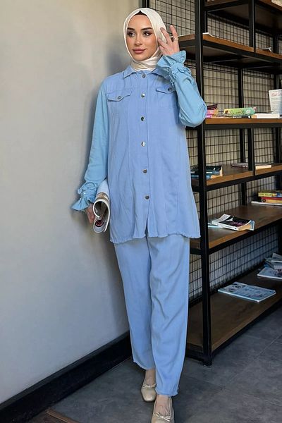 julude Light Blue Hijab Gabardine Vest Trousers Double Set