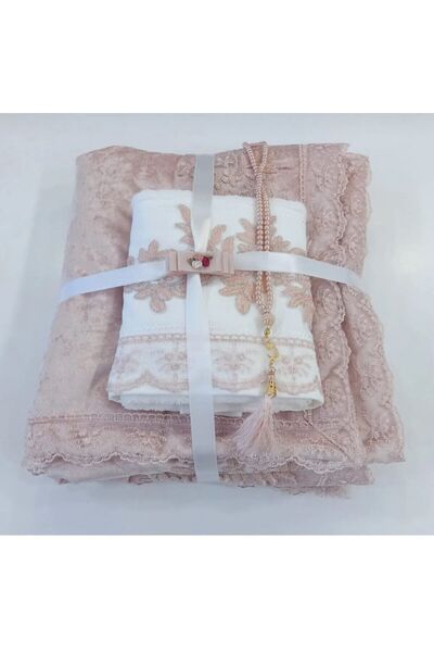 ceyizimdekor مجموعة من 3 قطع من مناشف صلاة مخملية ومجموعة مسبحة