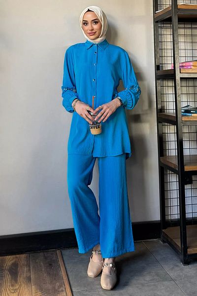 julude Set de două piese Hijab cu tunică cu detalii de piatră albastră