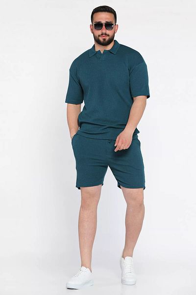 MİSHAR İTALİA Emerald Green Self Patterned Polo Collar Men's T-Shirt Shorts Two Piece Set