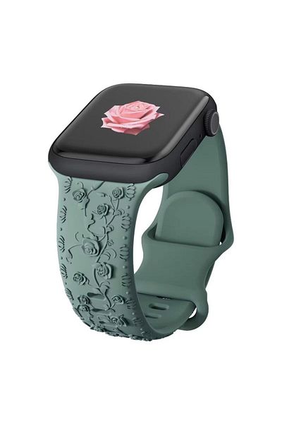 REDz Accessories Roses Strap, Engraved Silicone, For Apple Watch, Floral Details, Adjustable, Green - 44/45/46/49 mm