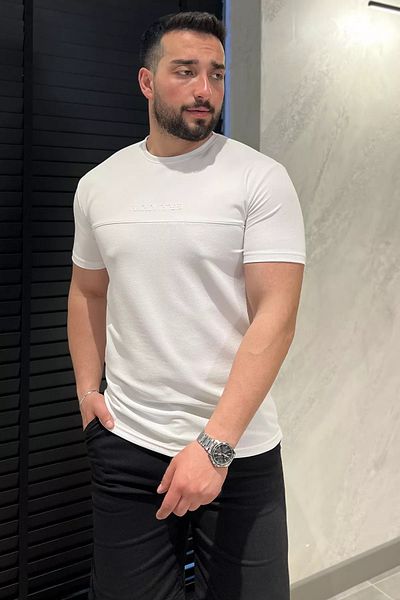 MİSHAR İTALİA Tricou alb pentru bărbați cu decolteu cu litere imprimate