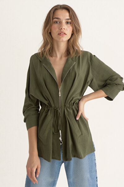 Vitrin Hooded Drawstring Waist Zippered Thin Jacket