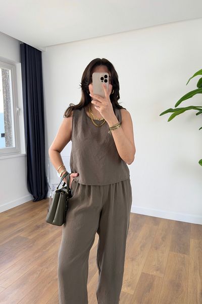 BİRCANÇİL Chakra Khaki Blouse Pants Tensl Suit