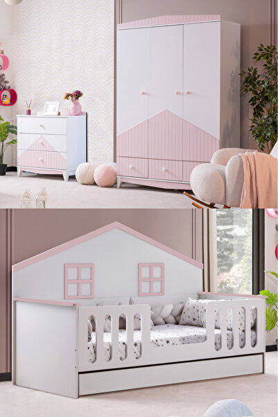 Setay Bello Çocuk Odası Takımı, Bello Yavrulu Karyola, Fethiye 3 Kapaklı Dolap, Şifonyer - Pembe