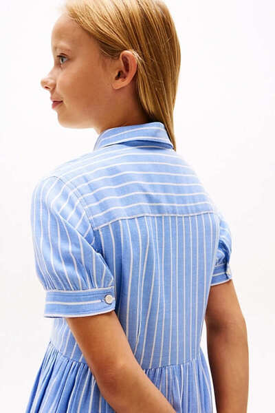 Tommy Hilfiger Kız Çocuk Th Çizgili Kısa Kollu Gömlek Elbise - Mavi