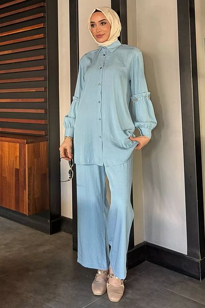 julude Light Blue Stone Detailed Tunic Trousers Hijab Double Set