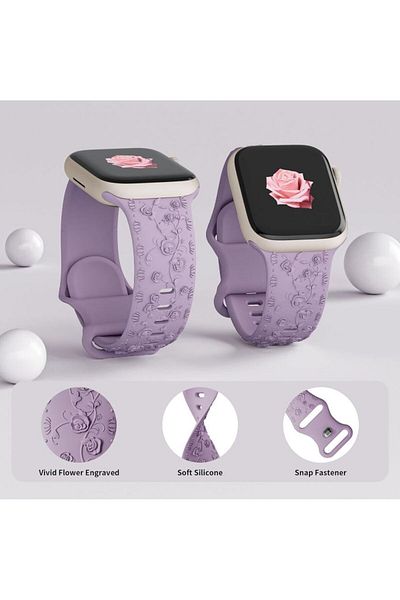 REDz Accessories Roses Strap, Engraved Silicone, For Apple Watch, Floral Details, Adjustable, Lilac - 38/40/41 mm