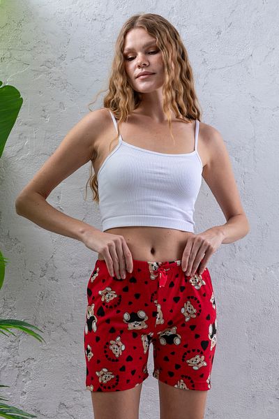 GİYSA Women's Elastic Waist Patterned Shorts Pajama Bottom Red - 2027
