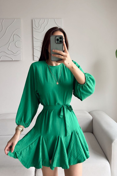 Sindimoda Etek Volanlı Mini Kuşaklı Elbise 545