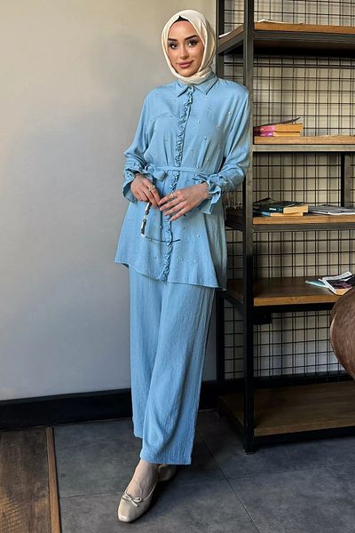 julude Light Blue Hijab Waist Belted Stone Tunic Trousers Double Set