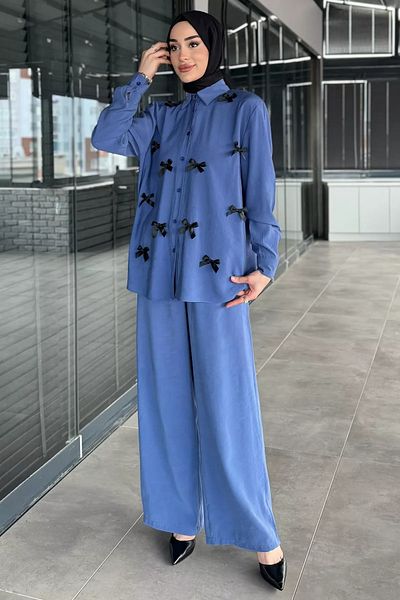 julude Indigo Γυναικείο Φιόγκο Λεπτομερές Παντελόνι Μπλουζάκι Hijab Σετ δύο τεμαχίων