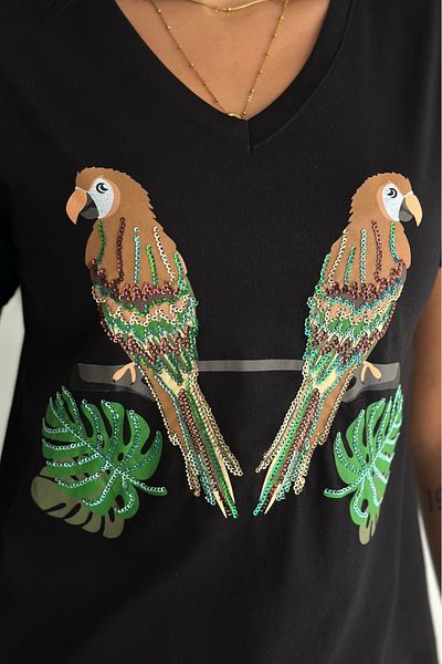 FEMELLE Tricou de damă, negru, cu decolteu în V, brodat cu paiete papagal, 100% bumbac