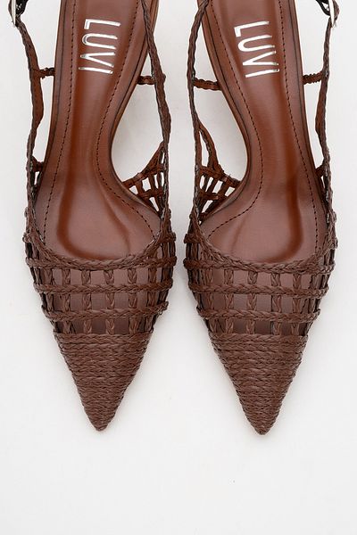 LuviShoes HEAVEN Тъмнокафяви плетени дамски обувки с нисък ток с каишка