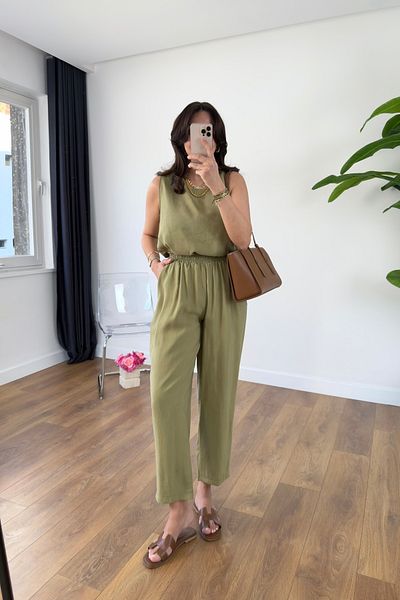 BİRCANÇİL Chakra Olive Blouse Trousers Tensl Suit