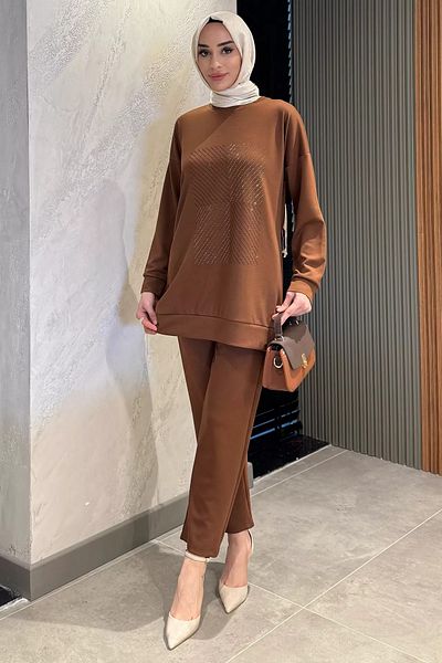 julude Καφέ μπροστινό πέτρινο λαιμόκοψη Plus Size Hijab Παντελόνι Σετ δύο τεμαχίων