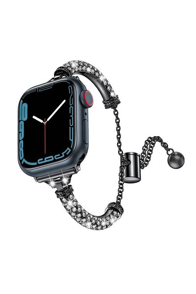 REDz Accessories Curea metalică pentru Apple Watch, model cu lanț/cristale de zirconiu, oțel inoxidabil negru - 38/40/41 mm