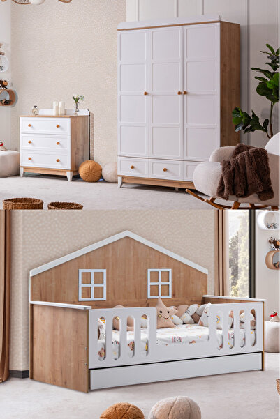 Setay Bello Çocuk Odası Takımı, Bello Yavrulu Karyola, Berlin 3 Kapaklı Dolap, Şifonyer - Ceviz