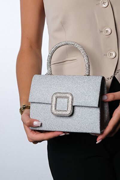 LuviShoes Geantă de mână pentru femei VALERIA Silver Glitter Stone